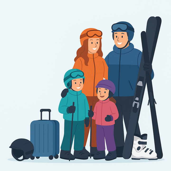 Tecknad familj i vinterkläder med skidor, hjälm och resväska, två barn i varma ytterkläder